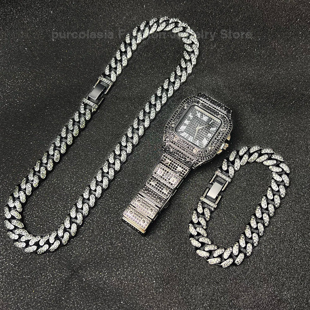 Necklace +Watch+Bracelet Iced Out Twisted Chain Jewelry Sets for Men