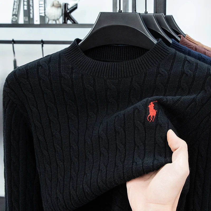 2025 Autumn and Winter Men's Wool Sweater with Round Neck PulloverThickened Diamond Shaped Long Sleeved Knitted Sweater