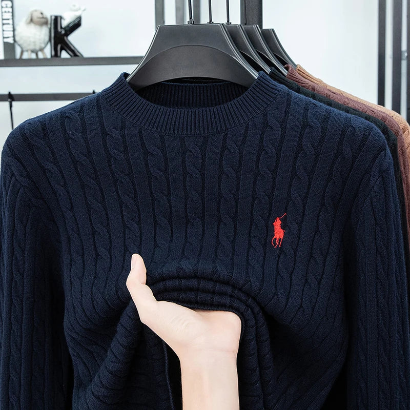 2025 Autumn and Winter Men's Wool Sweater with Round Neck PulloverThickened Diamond Shaped Long Sleeved Knitted Sweater