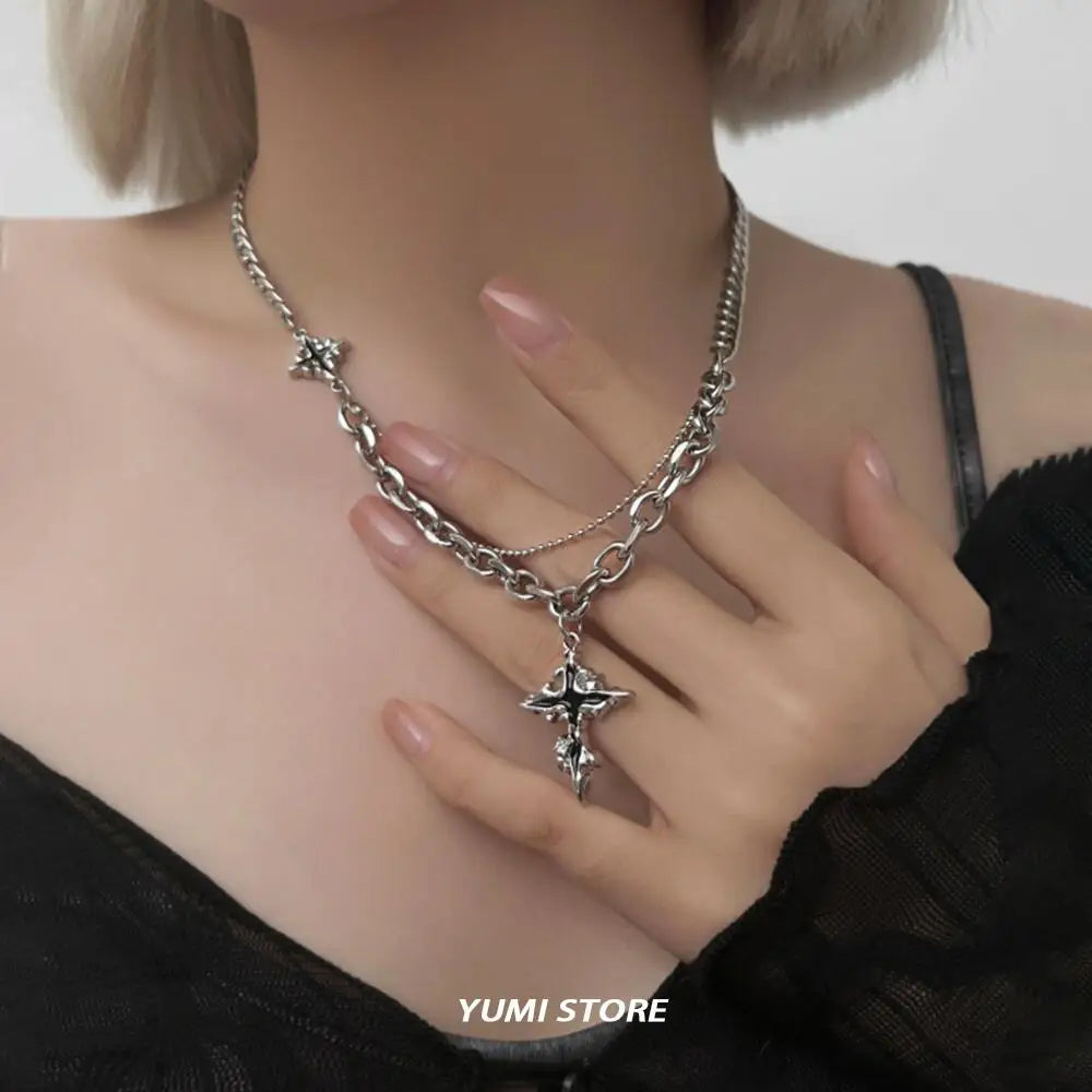 Punk Black Flame Cross Necklace