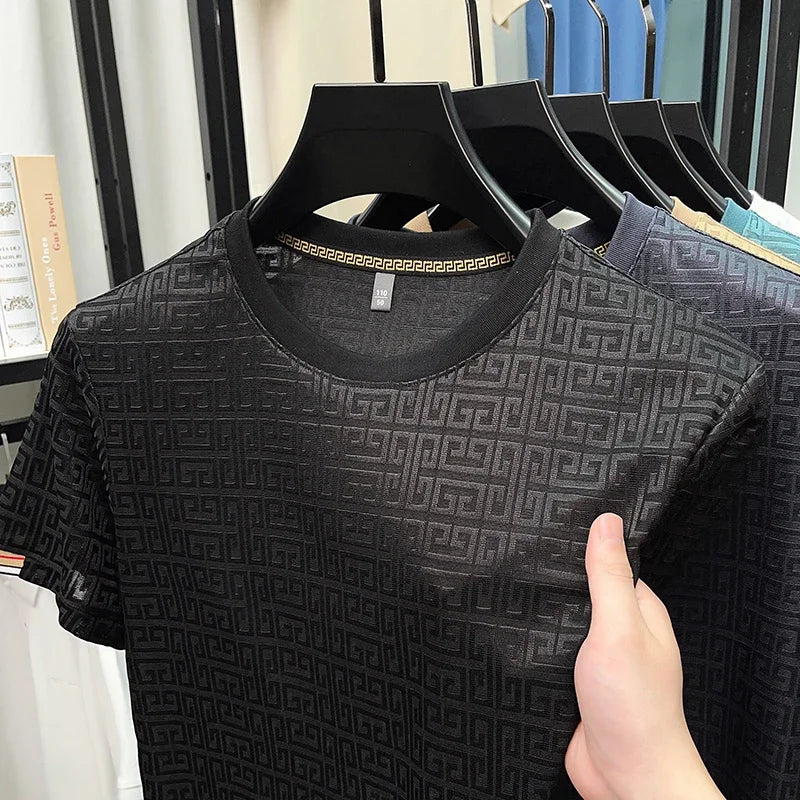 2025 New Men's Fashionable Jacquard Short Sleeved Round Neck T-shirt Casual and Comfortable All Season Versatile Top