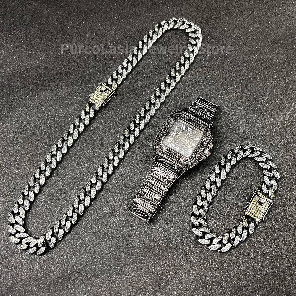 Necklace +Watch+Bracelet Iced Out Twisted Chain Jewelry Sets for Men