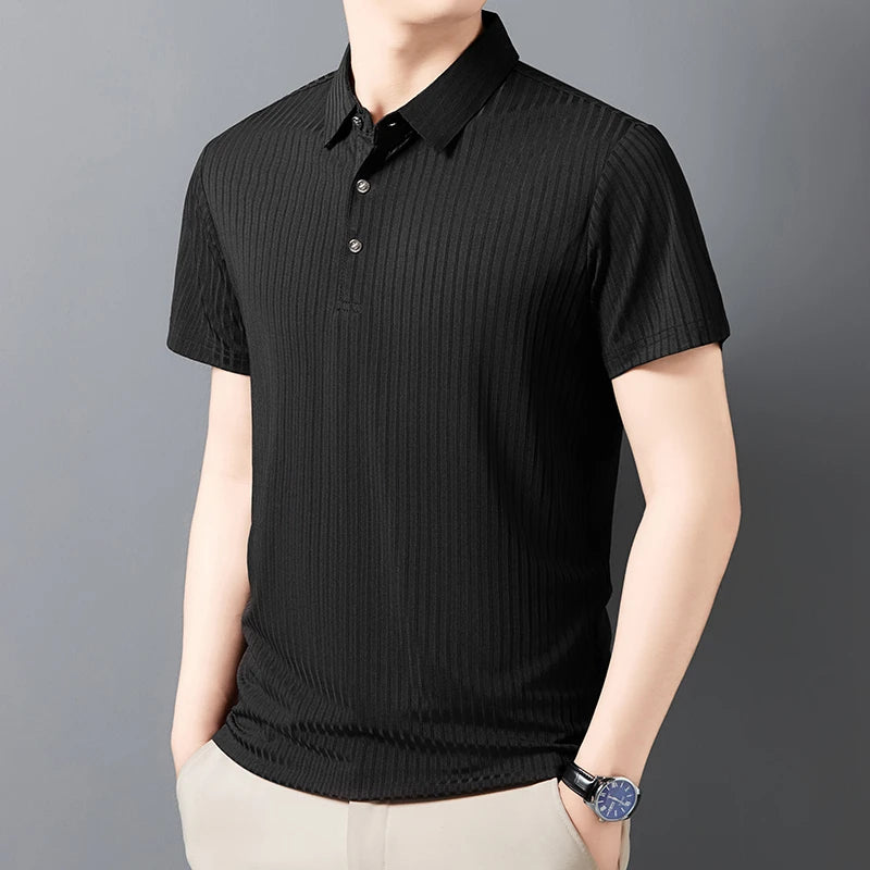 2025 New Men's Casual Fashion Striped Short Sleeved Collar Polo Shirt Breathable and Comfortable Summer Versatile T-shirt