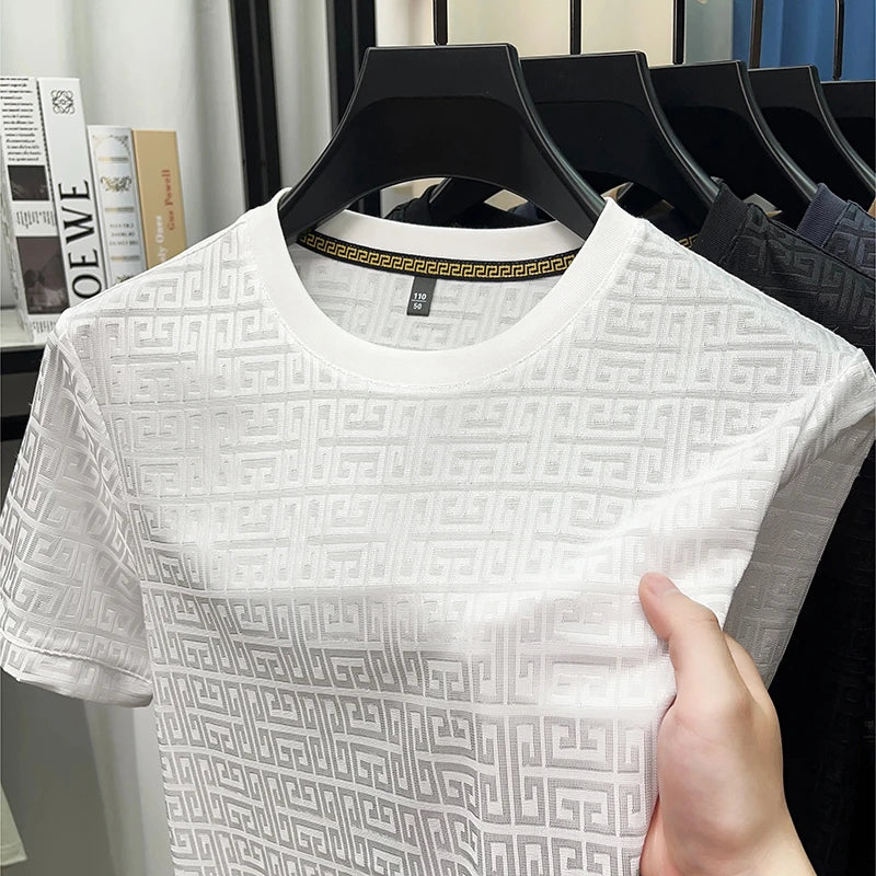 2025 New Men's Fashionable Jacquard Short Sleeved Round Neck T-shirt Casual and Comfortable All Season Versatile Top