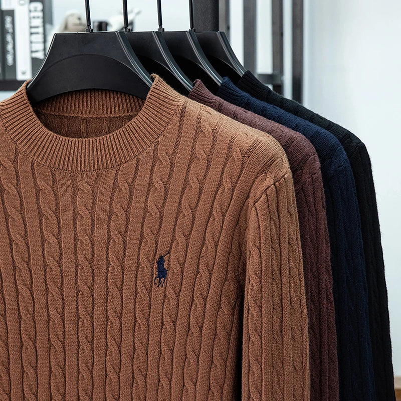 2025 Autumn and Winter Men's Wool Sweater with Round Neck PulloverThickened Diamond Shaped Long Sleeved Knitted Sweater