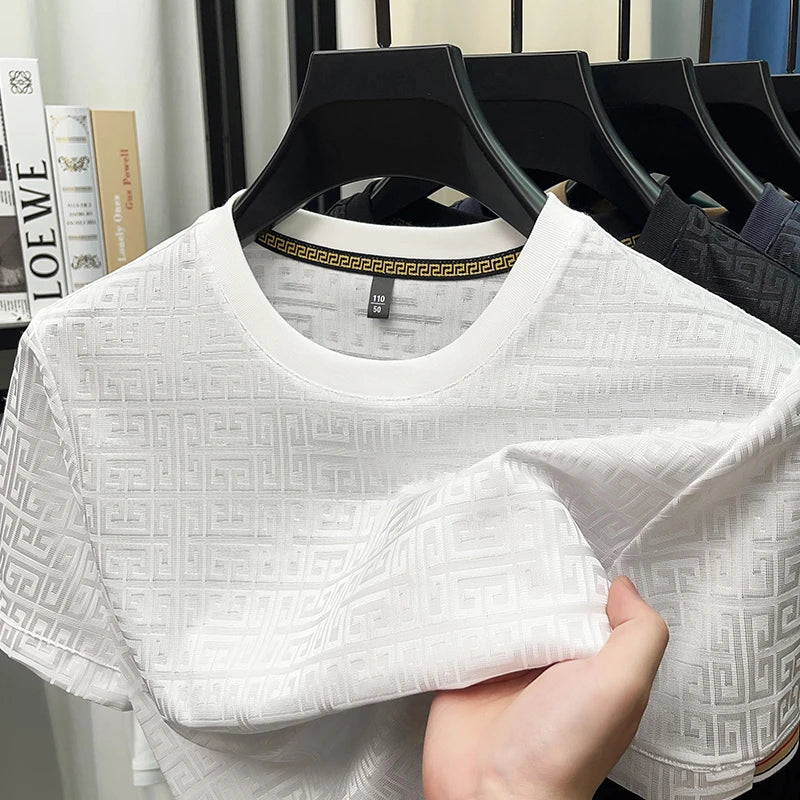 2025 New Men's Fashionable Jacquard Short Sleeved Round Neck T-shirt Casual and Comfortable All Season Versatile Top
