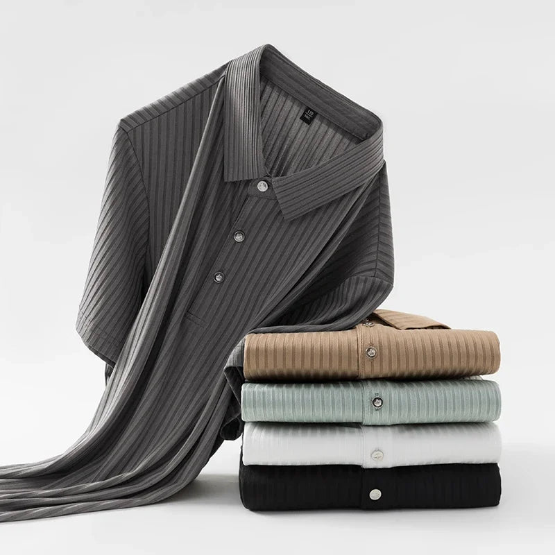 2025 New Men's Casual Fashion Striped Short Sleeved Collar Polo Shirt Breathable and Comfortable Summer Versatile T-shirt