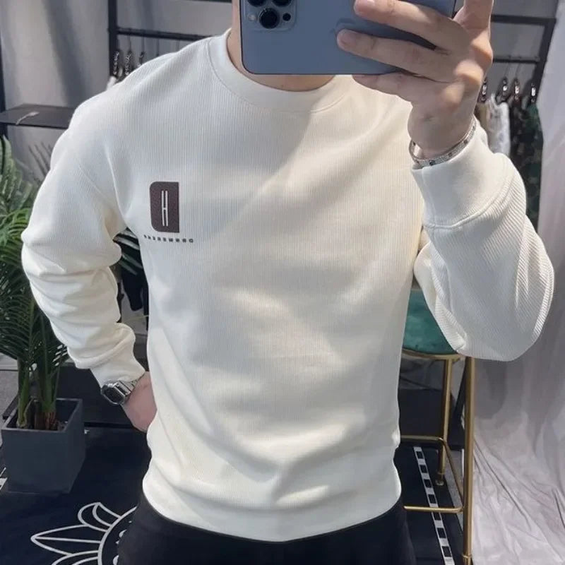 Fleeced Solid Man Pullover Cotton Sweatshirts for Men Printing Korean Style Warm Luxury Y2k Vintage Loose Pastel Color One Piece