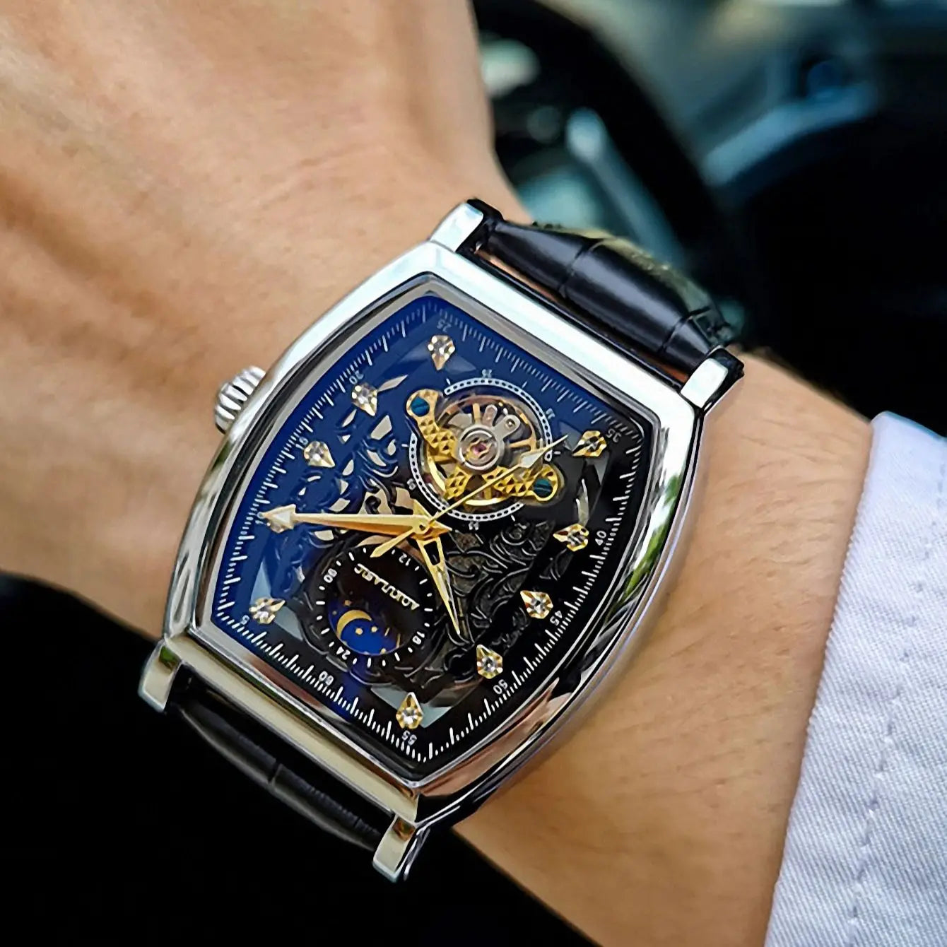 AOKULASIC Tourbillon Iced Out Skeleton Automatic Mechanical Watches for Men Luxury Moon Phase Casual Leather Strap Mens Watch