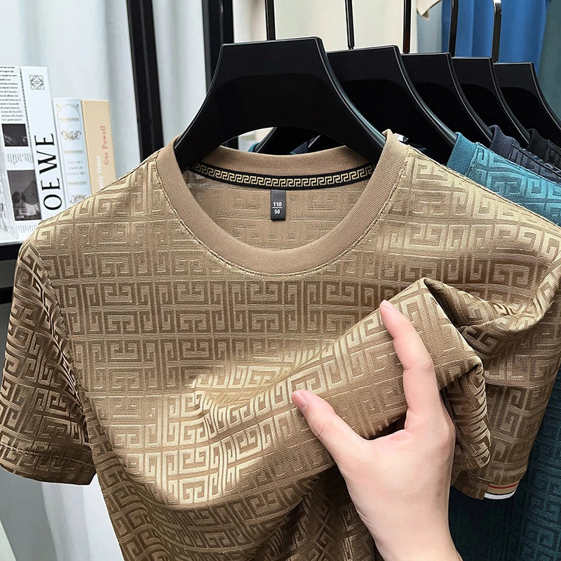 2025 New Men's Fashionable Jacquard Short Sleeved Round Neck T-shirt Casual and Comfortable All Season Versatile Top