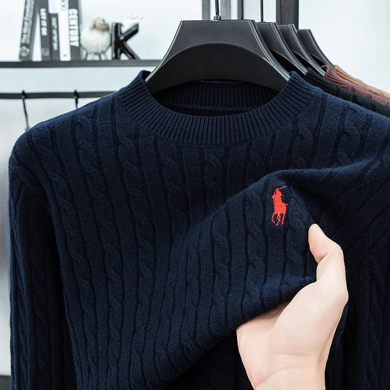 2025 Autumn and Winter Men's Wool Sweater with Round Neck PulloverThickened Diamond Shaped Long Sleeved Knitted Sweater