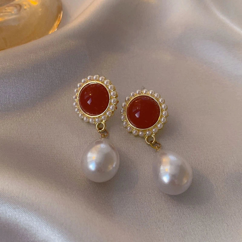 Wine Red Retro Stud Earrings For Women