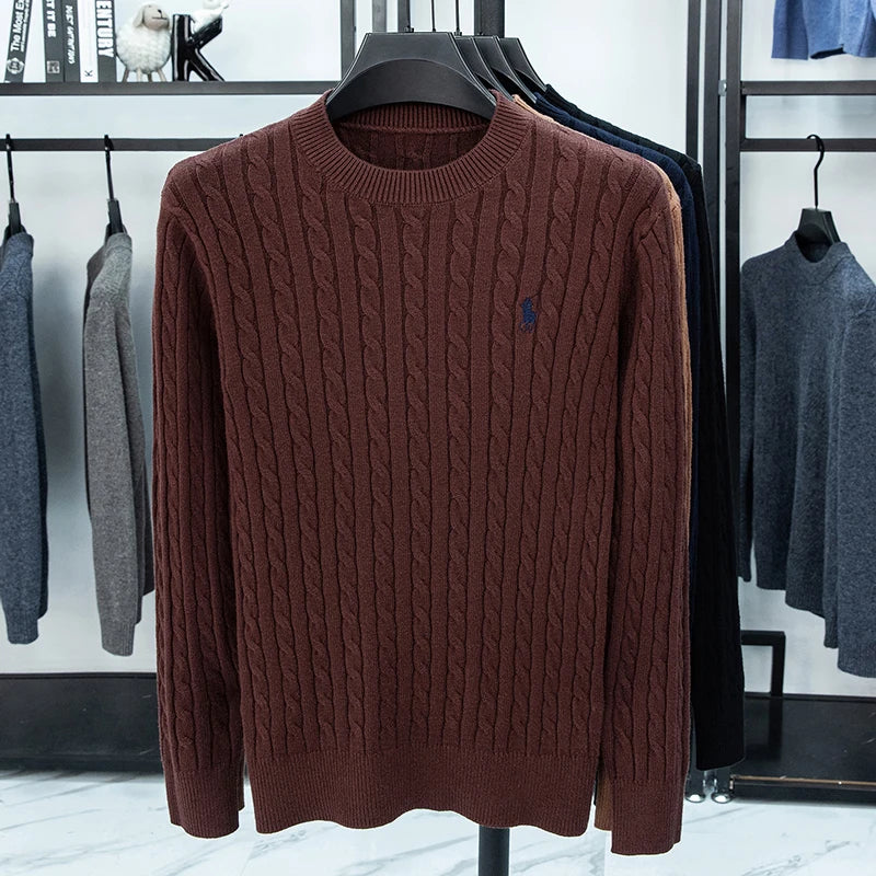 2025 Autumn and Winter Men's Wool Sweater with Round Neck PulloverThickened Diamond Shaped Long Sleeved Knitted Sweater