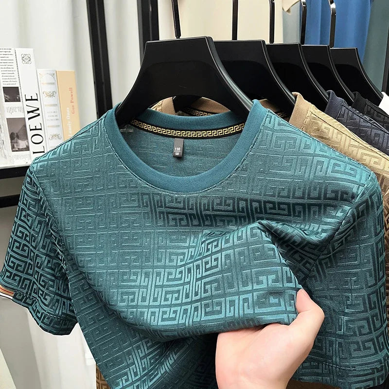 2025 New Men's Fashionable Jacquard Short Sleeved Round Neck T-shirt Casual and Comfortable All Season Versatile Top