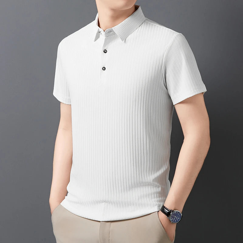 2025 New Men's Casual Fashion Striped Short Sleeved Collar Polo Shirt Breathable and Comfortable Summer Versatile T-shirt