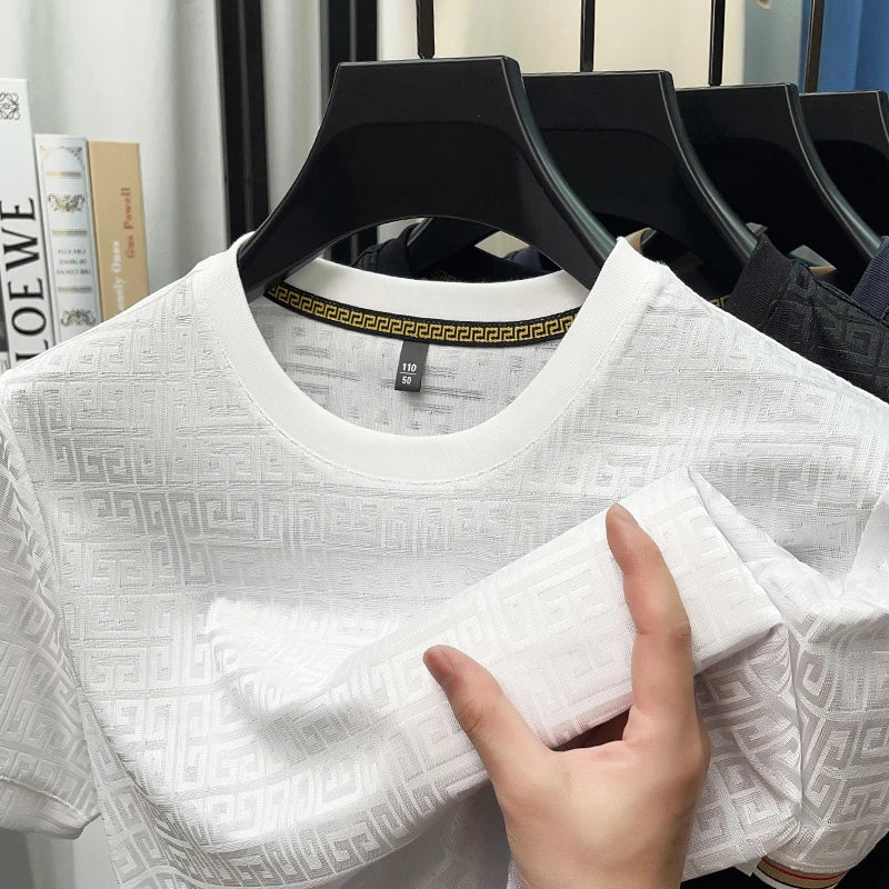 2025 New Men's Fashionable Jacquard Short Sleeved Round Neck T-shirt Casual and Comfortable All Season Versatile Top