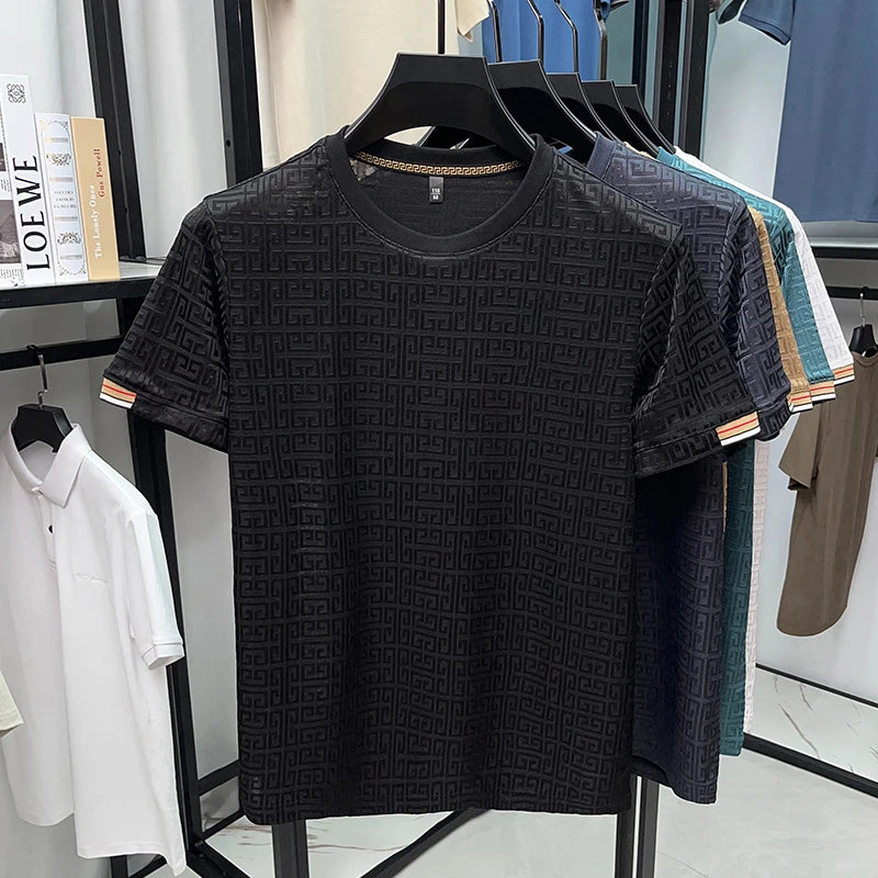 2025 New Men's Fashionable Jacquard Short Sleeved Round Neck T-shirt Casual and Comfortable All Season Versatile Top