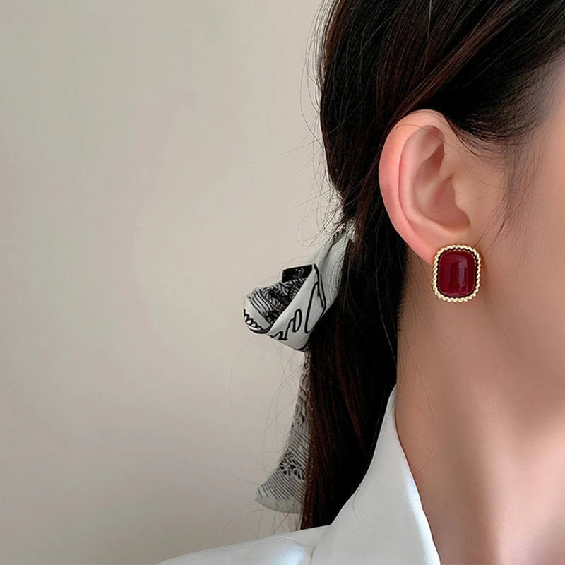 Wine Red Retro Stud Earrings For Women