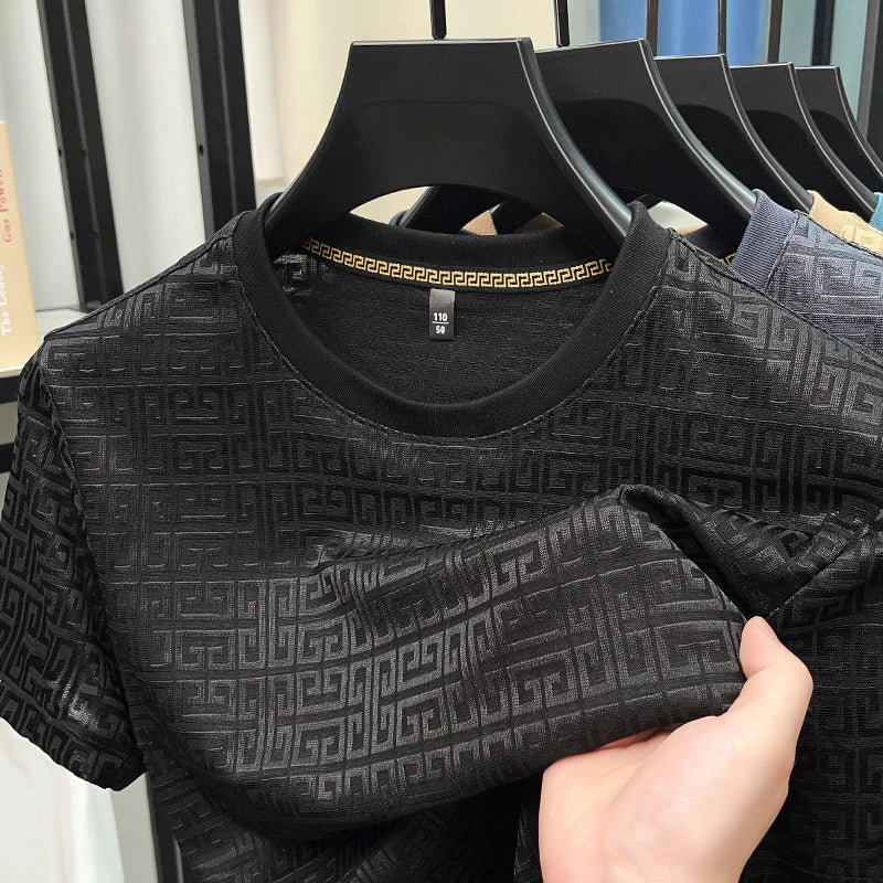 2025 New Men's Fashionable Jacquard Short Sleeved Round Neck T-shirt Casual and Comfortable All Season Versatile Top