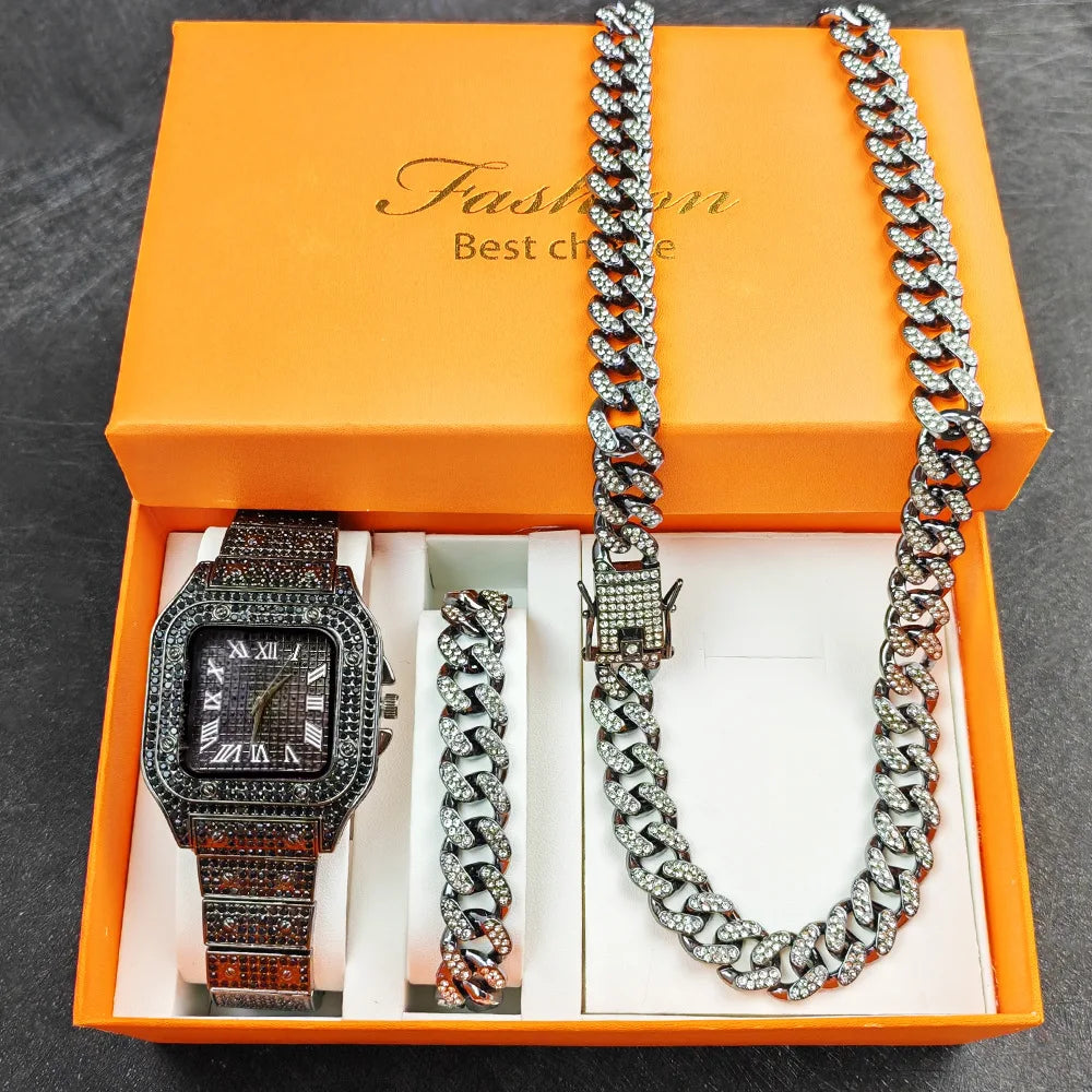 Necklace +Watch+Bracelet Iced Out Twisted Chain Jewelry Sets for Men