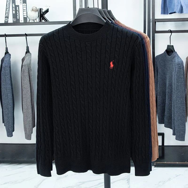 2025 Autumn and Winter Men's Wool Sweater with Round Neck PulloverThickened Diamond Shaped Long Sleeved Knitted Sweater