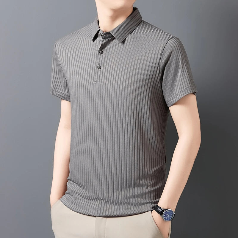 2025 New Men's Casual Fashion Striped Short Sleeved Collar Polo Shirt Breathable and Comfortable Summer Versatile T-shirt