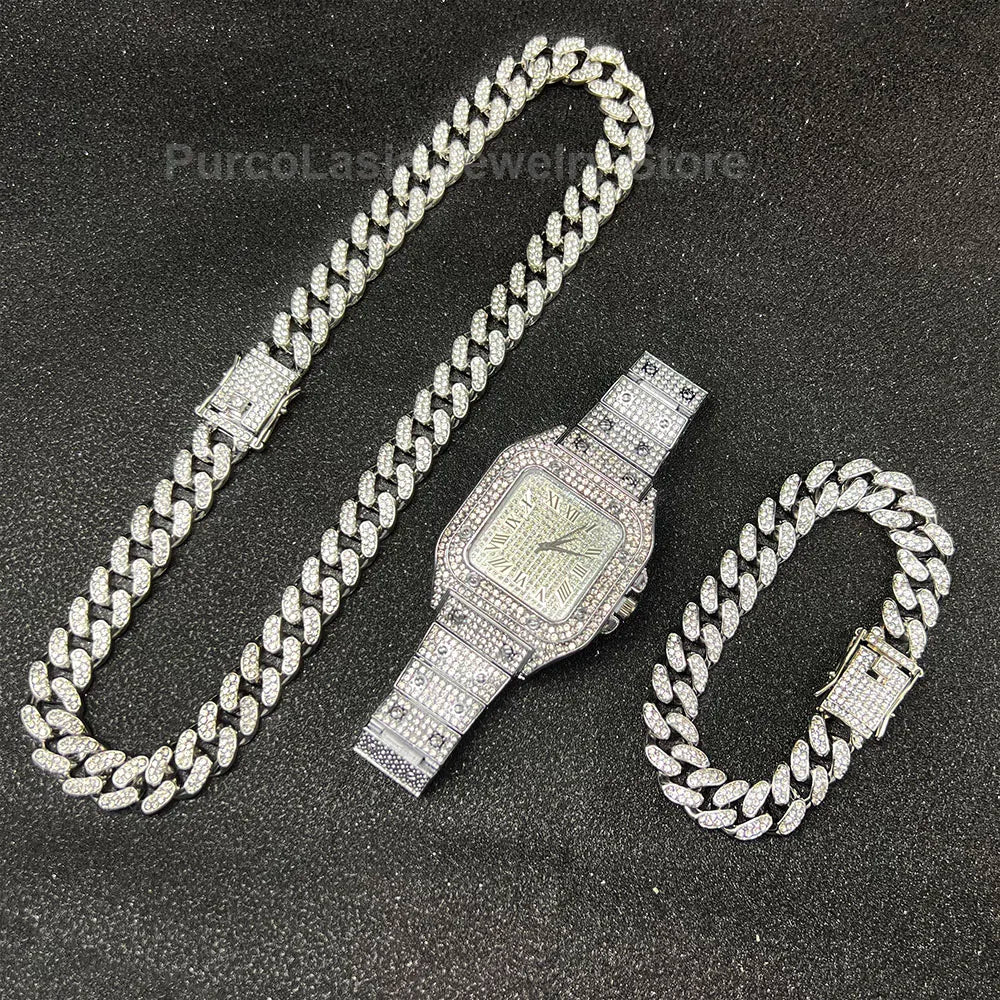 Necklace +Watch+Bracelet Iced Out Twisted Chain Jewelry Sets for Men