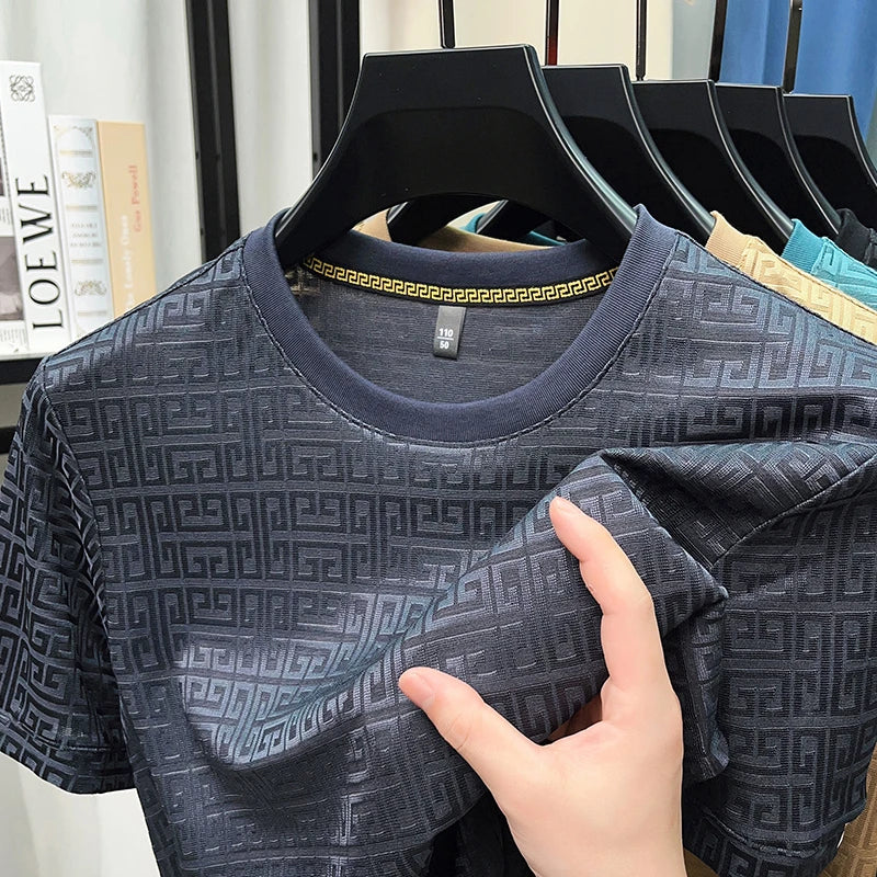 2025 New Men's Fashionable Jacquard Short Sleeved Round Neck T-shirt Casual and Comfortable All Season Versatile Top