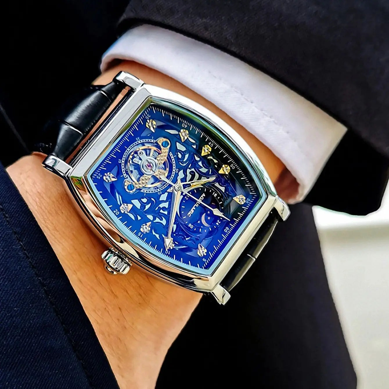 AOKULASIC Tourbillon Iced Out Skeleton Automatic Mechanical Watches for Men Luxury Moon Phase Casual Leather Strap Mens Watch