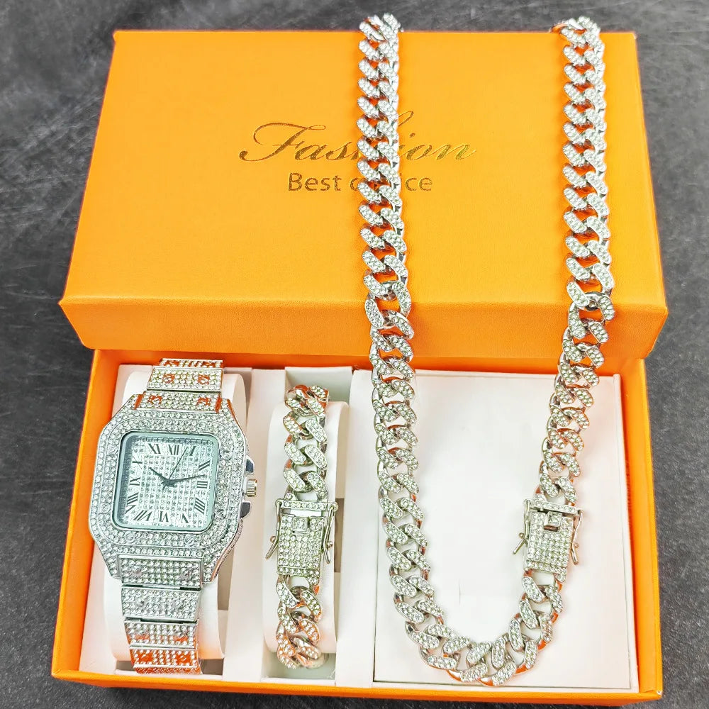 Necklace +Watch+Bracelet Iced Out Twisted Chain Jewelry Sets for Men