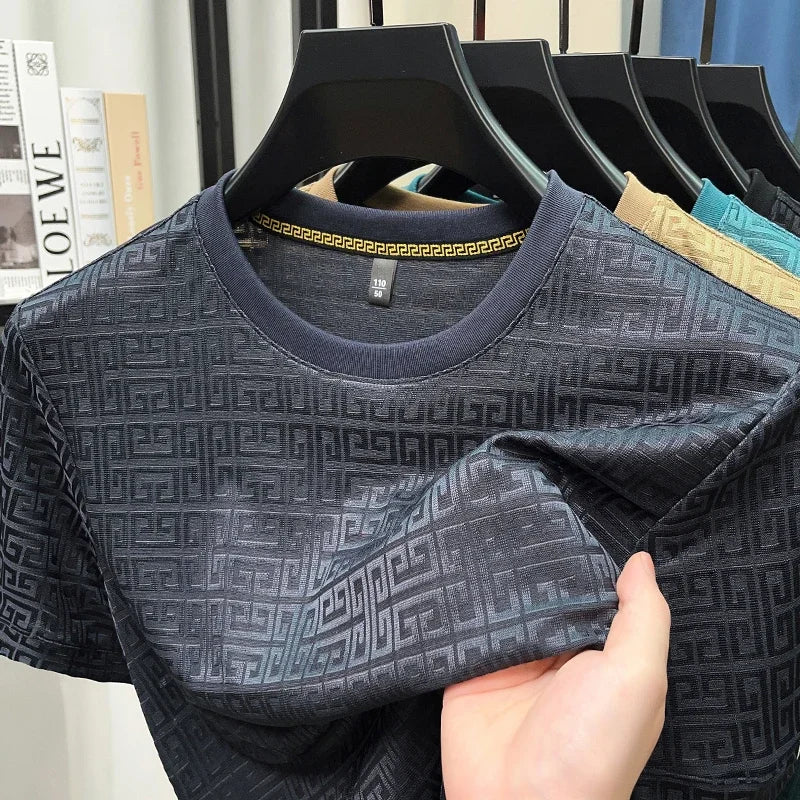 2025 New Men's Fashionable Jacquard Short Sleeved Round Neck T-shirt Casual and Comfortable All Season Versatile Top