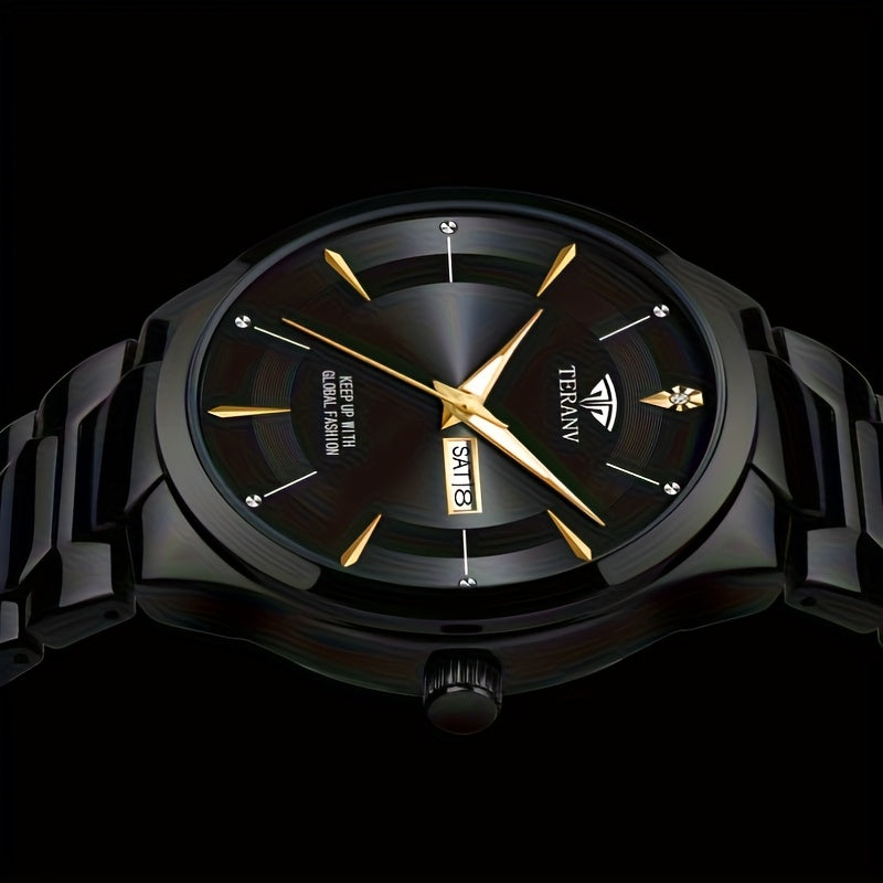 1 Men's Luxury Business Style Watch - 30m, Luminescent Analog Quartz Watch with Date/Day Display, Black & Golden Dial, Multi-Zone Time, Chronograph-Free Operation,, Ideal for Formal & Casual Attire, Ideal Gift for Men - Sleek