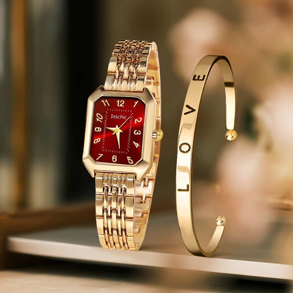 A Two-Piece Women'S Watch Gift Set Featuring a Trendy Open Bangle Combination with a Casual Quartz Watch, Classic Vintage Rectangular Dial, And a Comfortable Alloy Strap, Making It a Perfect Gift for Family And Friends, Ideal