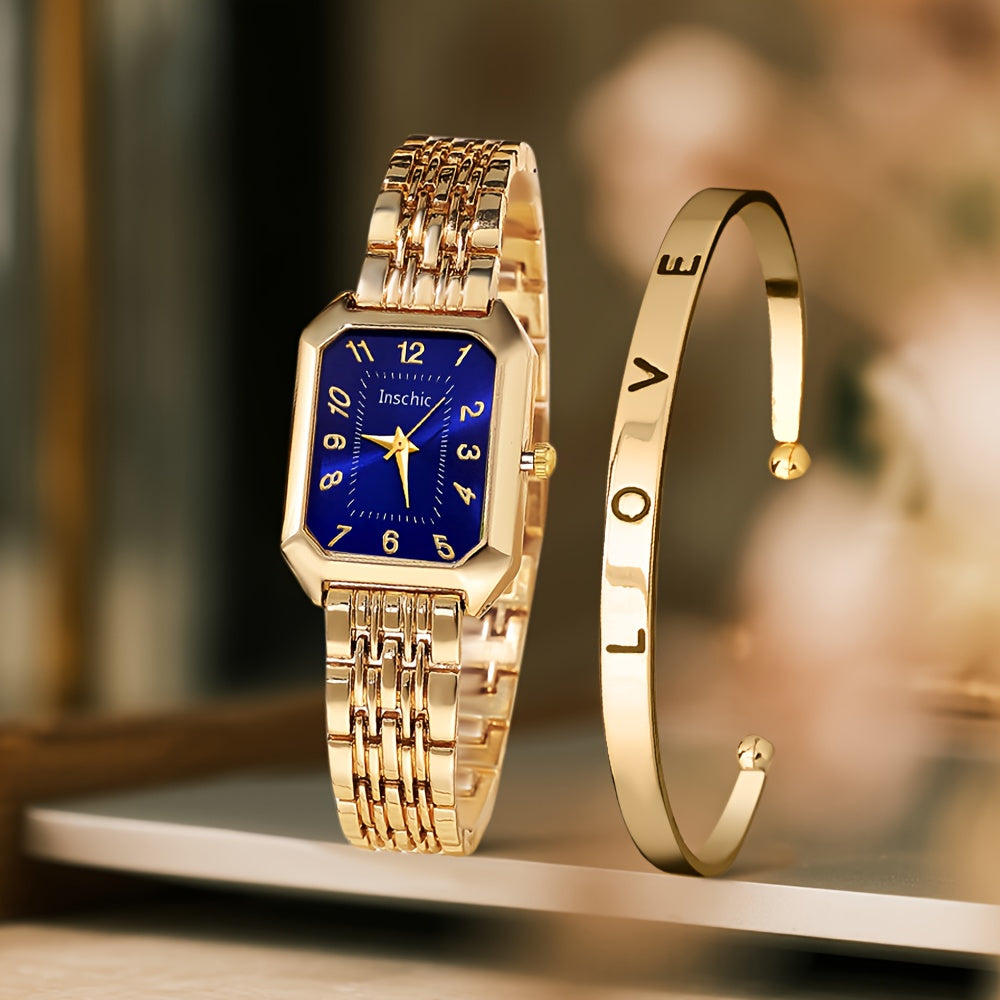 A Two-Piece Women'S Watch Gift Set Featuring a Trendy Open Bangle Combination with a Casual Quartz Watch, Classic Vintage Rectangular Dial, And a Comfortable Alloy Strap, Making It a Perfect Gift for Family And Friends, Ideal