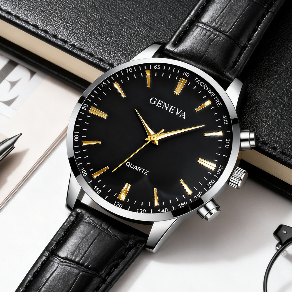 3pcs Set Men'S Quartz Watch Set - Minimalist Round Face with Golden Hands, Dial & Brown Strap, Alloy Case, Battery-Powered, Perfect for Father'S Day