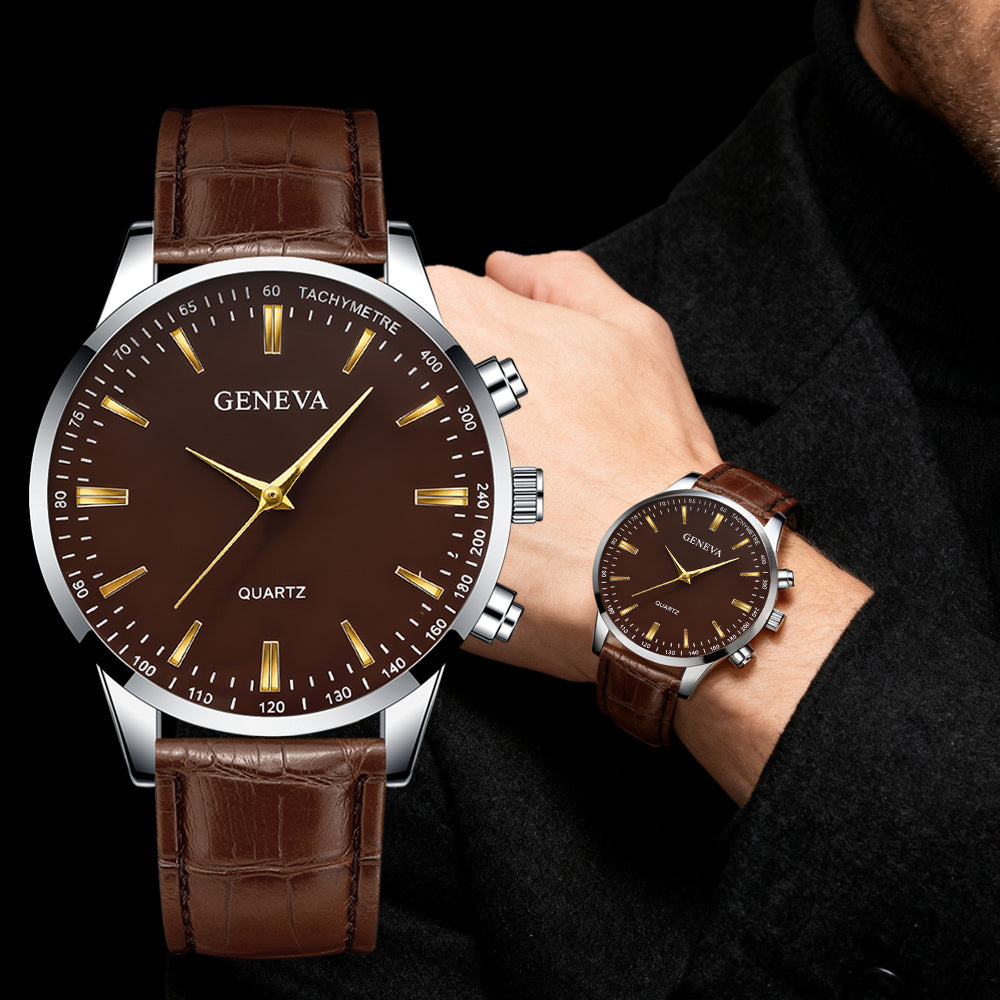 3pcs Set Men'S Quartz Watch Set - Minimalist Round Face with Golden Hands, Dial & Brown Strap, Alloy Case, Battery-Powered, Perfect for Father'S Day