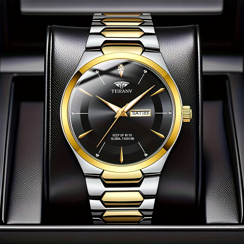 1 Men's Luxury Business Style Watch - 30m, Luminescent Analog Quartz Watch with Date/Day Display, Black & Golden Dial, Multi-Zone Time, Chronograph-Free Operation,, Ideal for Formal & Casual Attire, Ideal Gift for Men - Sleek