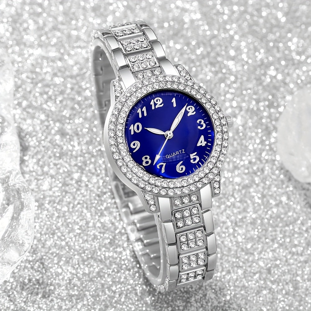 2pcs Elegant Minimalist Round Dial Quartz Watch + Shiny Bracelet Set for Women - Perfect Gift for Daily Wear, Parties, Valentine's Day, Christmas, New Year’s Eve, Halloween & Anniversaries – Ideal for Friends and Family