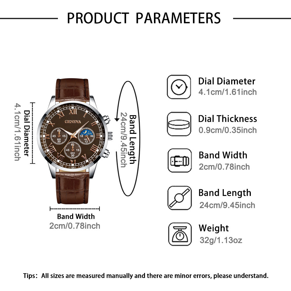 3pcs Set Men'S Quartz Watch Set - Minimalist Round Face with Golden Hands, Dial & Brown Strap, Alloy Case, Battery-Powered, Perfect for Father'S Day