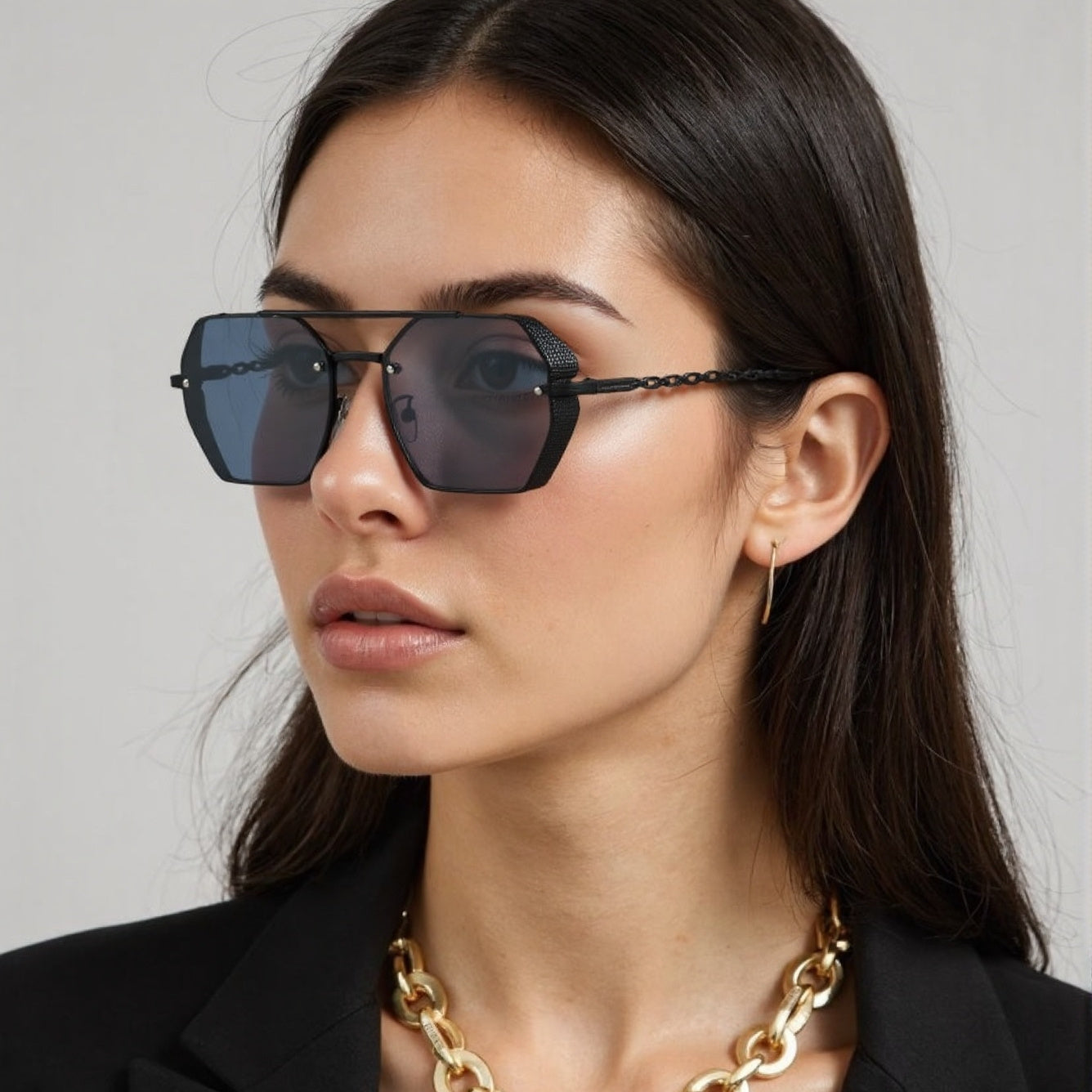 Metal Rectangular Glasses with Unique Double Bridge and Side Cut