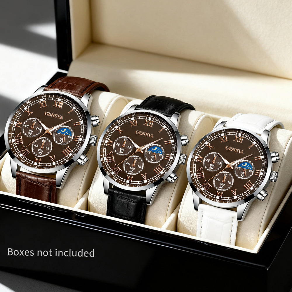 3pcs Set Men'S Quartz Watch Set - Minimalist Round Face with Golden Hands, Dial & Brown Strap, Alloy Case, Battery-Powered, Perfect for Father'S Day