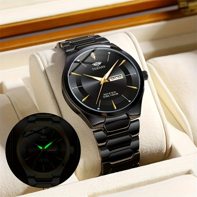 1 Men's Luxury Business Style Watch - 30m, Luminescent Analog Quartz Watch with Date/Day Display, Black & Golden Dial, Multi-Zone Time, Chronograph-Free Operation,, Ideal for Formal & Casual Attire, Ideal Gift for Men - Sleek