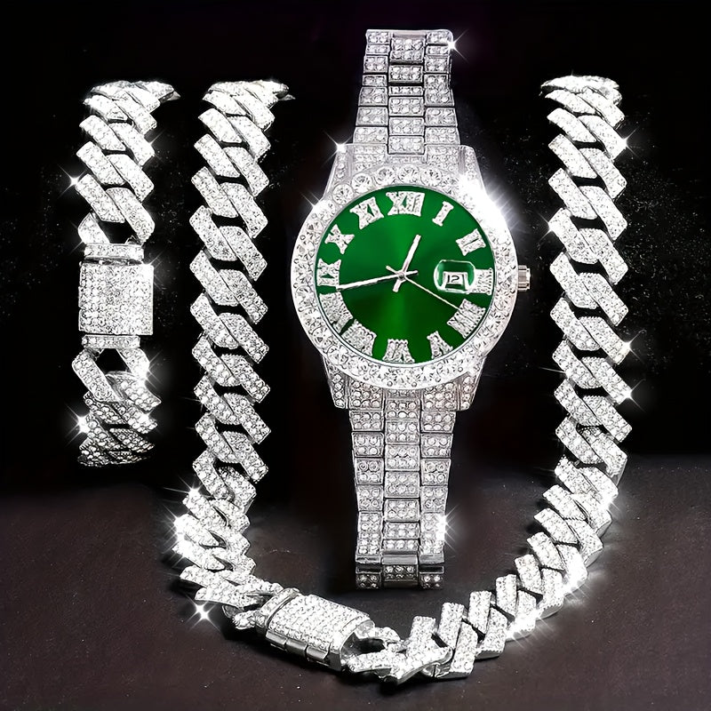3pcs Men's Watch Set with Rhinestone Necklace & Bracelet