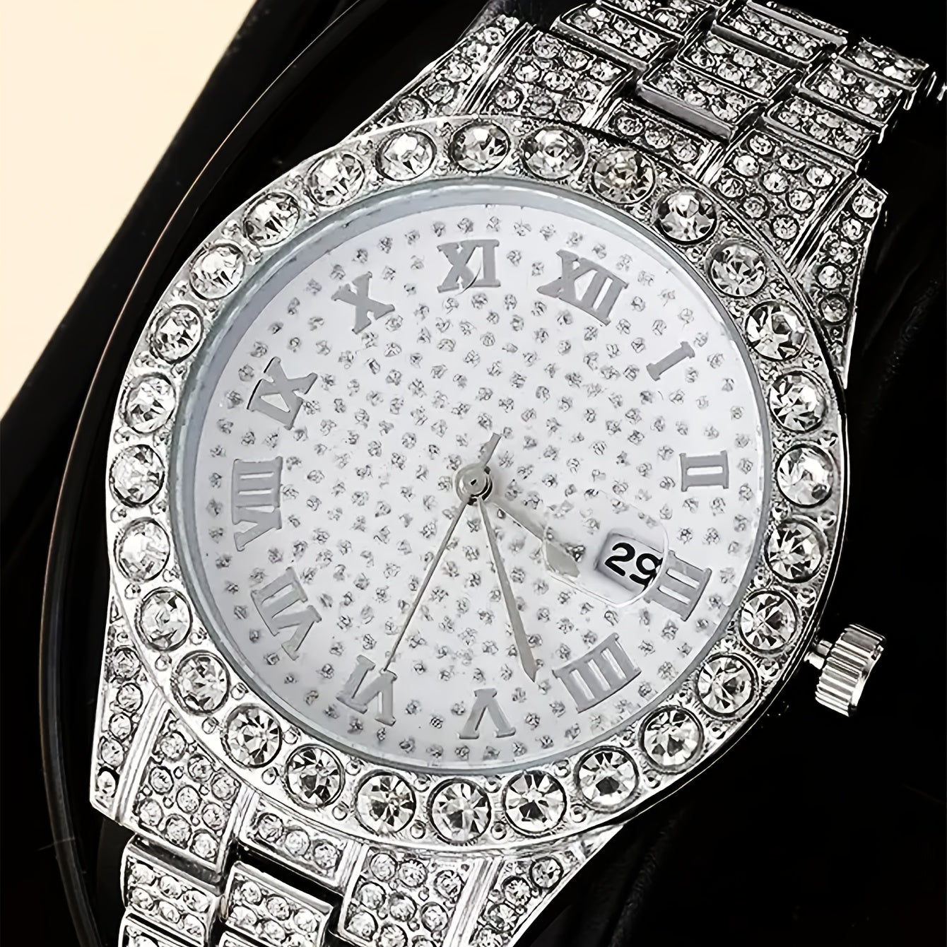 3pcs Men's Watch Set with Rhinestone Necklace & Bracelet