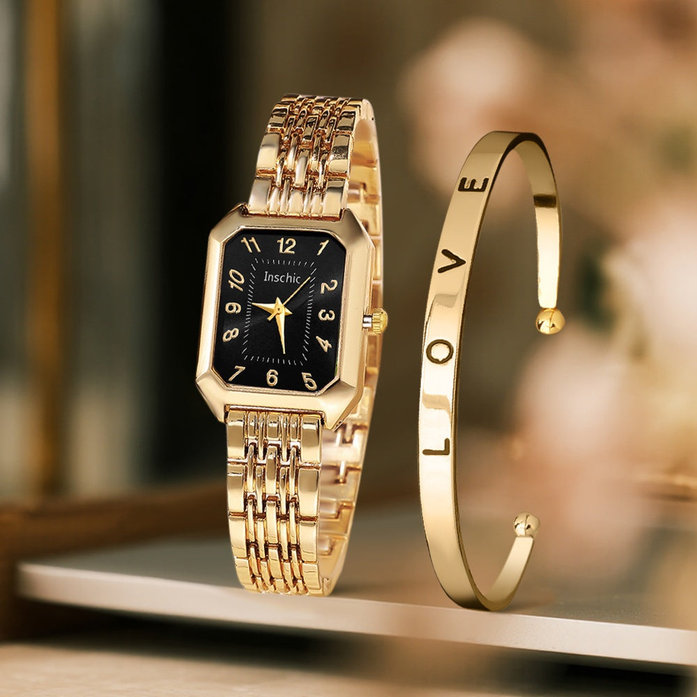 A Two-Piece Women'S Watch Gift Set Featuring a Trendy Open Bangle Combination with a Casual Quartz Watch, Classic Vintage Rectangular Dial, And a Comfortable Alloy Strap, Making It a Perfect Gift for Family And Friends, Ideal