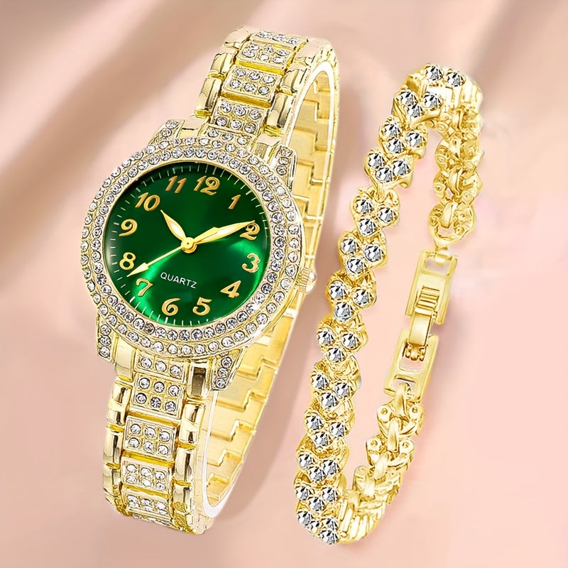 2pcs Elegant Minimalist Round Dial Quartz Watch + Shiny Bracelet Set for Women - Perfect Gift for Daily Wear, Parties, Valentine's Day, Christmas, New Year’s Eve, Halloween & Anniversaries – Ideal for Friends and Family