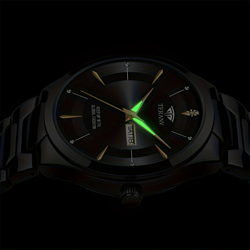 1 Men's Luxury Business Style Watch - 30m, Luminescent Analog Quartz Watch with Date/Day Display, Black & Golden Dial, Multi-Zone Time, Chronograph-Free Operation,, Ideal for Formal & Casual Attire, Ideal Gift for Men - Sleek